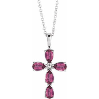 Platinum Natural Pink Tourmaline Cross 16-18" Necklace