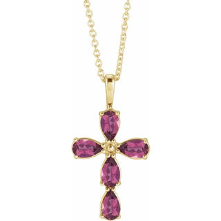 14K Yellow Natural Pink Tourmaline Cross 16-18" Necklace
