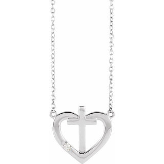 14K White .015 CT Natural Diamond Heart & Cross 18" Necklace