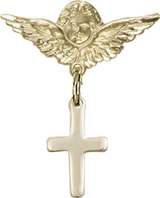 14kt Gold Small Angel w/Wings Cross Baby Badge