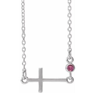 14K White Natural Pink Tourmaline Sideways Cross 16-18" Necklace