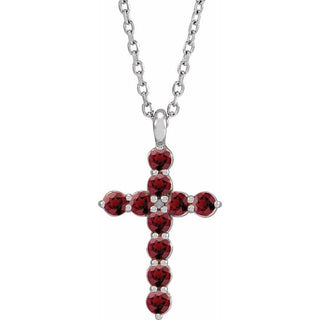 14K White Natural Mozambique Garnet Cross 16-18" Necklace
