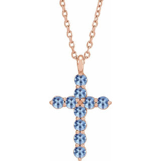 14K Rose Natural Aquamarine Cross 16-18" Necklace
