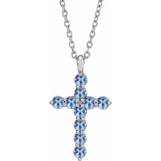 14K White Natural Aquamarine Cross 16-18" Necklace
