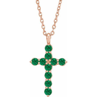 14K Rose Natural Emerald Cross 16-18" Necklace
