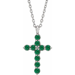 14K White Natural Emerald Cross 16-18" Necklace