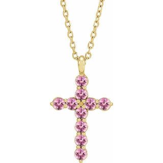 14K Yellow Natural Pink Tourmaline Cross 16-18" Necklace