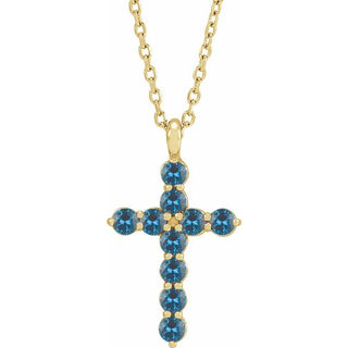14K Yellow Natural Blue Zircon Cross 16-18" Necklace