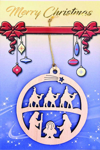 3-pack - Blue Christmas Card with Wooden Ornament