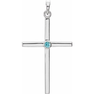 14K White Natural Blue Zircon Cross Pendant