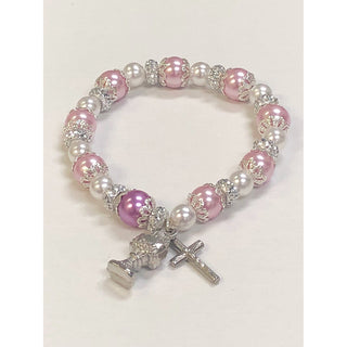 4-pack - Pink and White Faux Pearl Communion Stretch Bracelet