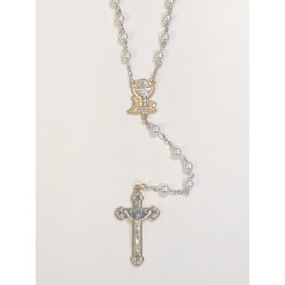 6mm First Communion Premium Faux Pearl Glass Rosary With Two Toned Chalice Center