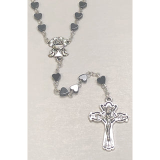 6mm First Communion Heart Shaped Black Hematite Rosary Silver Toned Chalice Center