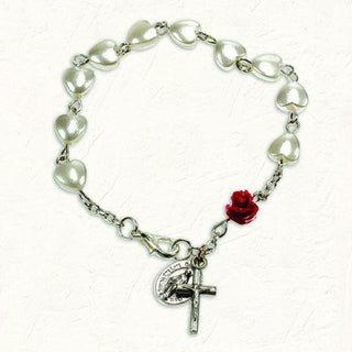 Heart Shaped Faux Pearl Bracelet with Red Rose Resin Bead and Lobster Claw Clasp 4-pack