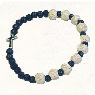 4-pack - Black Stretch Bracelet with White "Volcanic Looking" Beads with Enameled Cross
