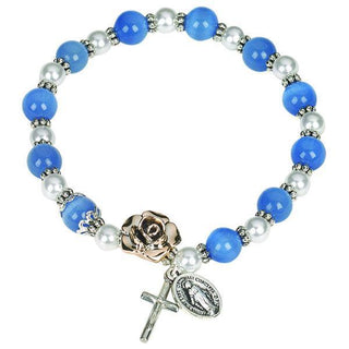 Light Blue Cats Eye Bead with Faux Pearl and Rose Gold Rose with Silver Tone Miraculous Medal and Crucifix Charms.