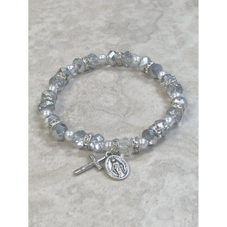 4-pack - Silver Sparkle Bead Rosary Bracelet With Strass Crystals Miraculous Medal And Crucifix