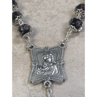 Black 8mm Genuine Crystal Bead Rosary with Rose Painted Inside