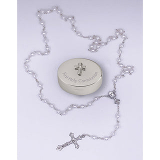 3 X 1-3/4 Inch Quality Silver Tone First Communion Rosary Box Faux Pearl Communion Rosary- Girl