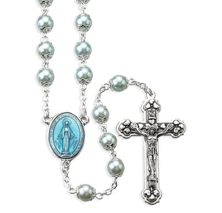 7MM Blue Pearl Capped Bead Rosary Dlxe Boxed