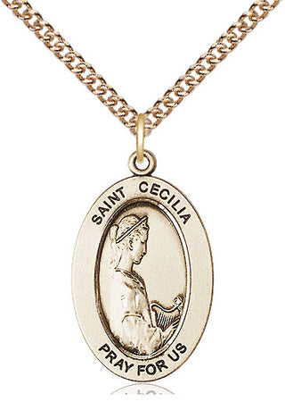 14kt Gold Saint Cecilia Medal Engraved Catholic Saint Jewelry