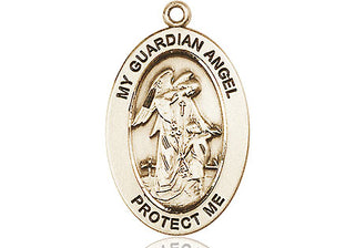 14kt Gold Guardian Angel w/Child Medal Engraved Catholic Saint Jewelry