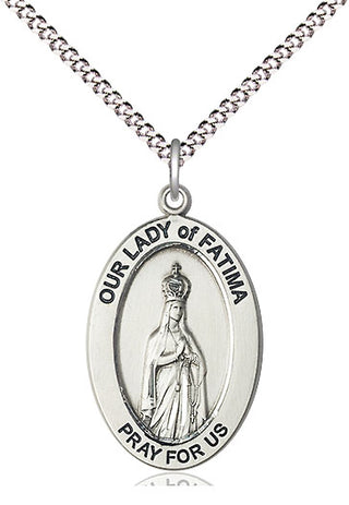 Sterling Silver Our Lady of Fatima Medal on an18-inch Light Rhodium Light Curb Chain with Split Ring Engraved Catholic Saint Jewelry