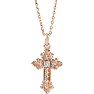 14K Rose .08 CTW Natural Diamond Vintage-Inspired Cross 16-18" Necklace