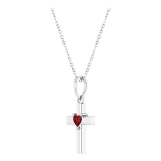Platinum Natural Mozambique Garnet Heart Cross 16-18" Necklace