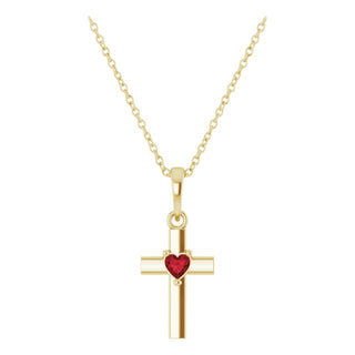 14K Yellow Natural Mozambique Garnet Heart Cross 16-18" Necklace