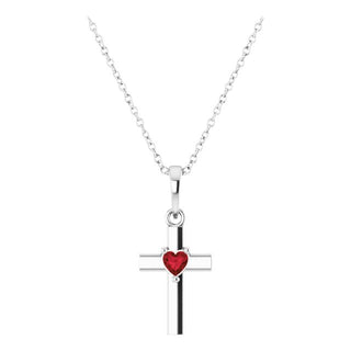 Platinum Natural Mozambique Garnet Heart Cross 16-18" Necklace