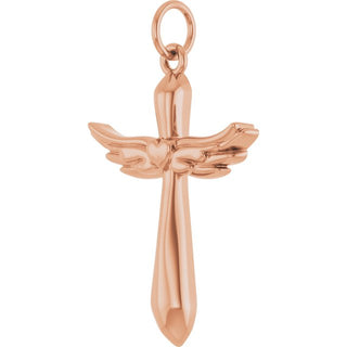 14K Rose Angel Wings Heart Cross Pendant