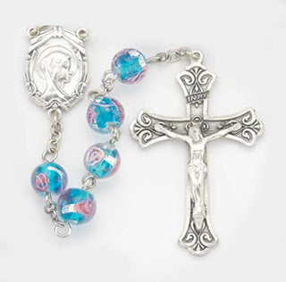 8MM Blue Venetian Glass Encased Rose With Silver Highlight