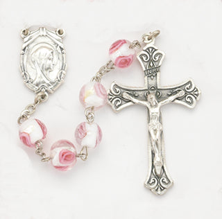 8MM Pink Venetian Glass Encased Rose With Silver Highlight