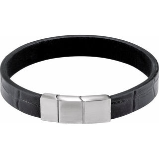Stainless Steel 11 mm Black Leather 8" Bracelet