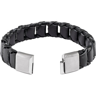 Stainless Steel 17 mm Black Leather 8" Bracelet
