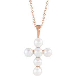 14K Rose Freshwater Cultured Pearl Cross 16-18" Necklace