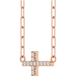 14K Rose .05 CTW Natural Diamond Sideways Cross 18" Necklace