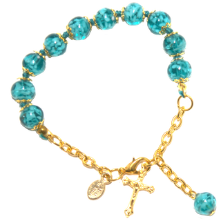 Marine Blue Genuine Murano Gold Tone Rosary Bracelet with Handknotted Sommerso Beads & Crucifix