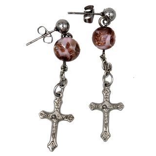 Stainless Steel Crucifix Earrings with Pink Murano Beads