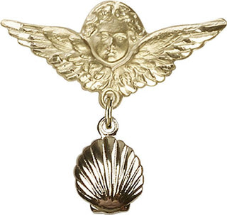 14kt Gold Filled Large Angel w/Wings Shell Baby Badge