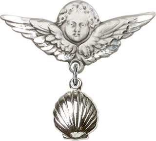 Sterling Silver Large Angel w/Wings Shell Baby Badge