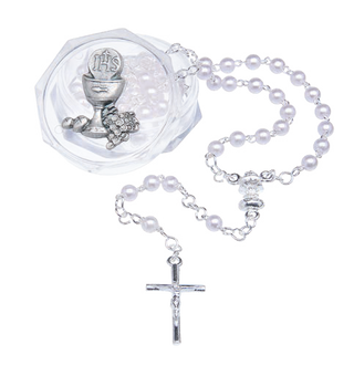 4mm White Communion Rosary with Silver-tone Chalice on Acrylic box