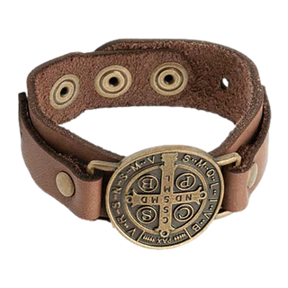 Men's Brown with Gold Medal St. Benedict Leather Bracelet