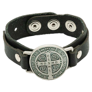 Men's Black with Silver Medal St. Benedict Leather Bracelet
