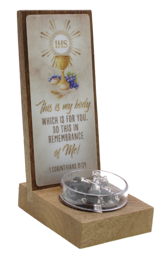First Communion Light Wood Keepsake with Black Rosary