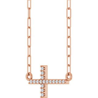14K Rose .06 CTW Natural Diamond Sideways Cross 18" Necklace