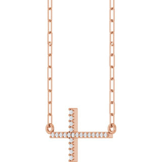 14K Rose .08 CTW Natural Diamond Sideways Cross 18" Necklace