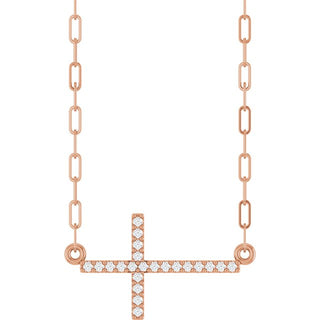 14K Rose .08 CTW Natural Diamond Sideways Cross 18" Necklace