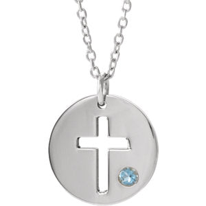 Sterling Silver Imitation Aquamarine Pierced Cross Disc 16-18" Necklace
